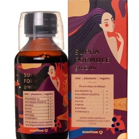 Supra Formula Aconitum je tekutý výživový doplnok vytvorený pre podporu krásnej pokožky, zdravých vlasov a pevných nechtov. Unikátne spája kolagén, kyselinu hyalurónovú, selén, zinok, biotín, kremík a vitamín C – látky, ktoré spoločne prispievajú k vitalite, pružnosti a mladistvému vzhľadu pokožky.