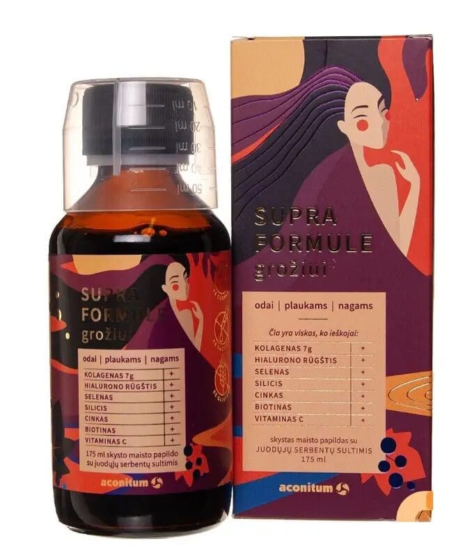 Supra formula liquid 175 ml - Koža, vlasy, nechty - elixír krásy v tekutej forme 1 Supra Formula Aconitum je tekutý výživový doplnok vytvorený pre podporu krásnej pokožky, zdravých vlasov a pevných nechtov. Unikátne spája kolagén, kyselinu hyalurónovú, selén, zinok, biotín, kremík a vitamín C – látky, ktoré spoločne prispievajú k vitalite, pružnosti a mladistvému vzhľadu pokožky.